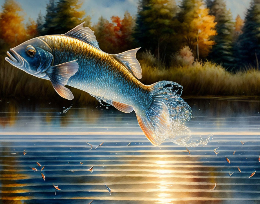 Colorful autumn scene: fish leaping from lake.