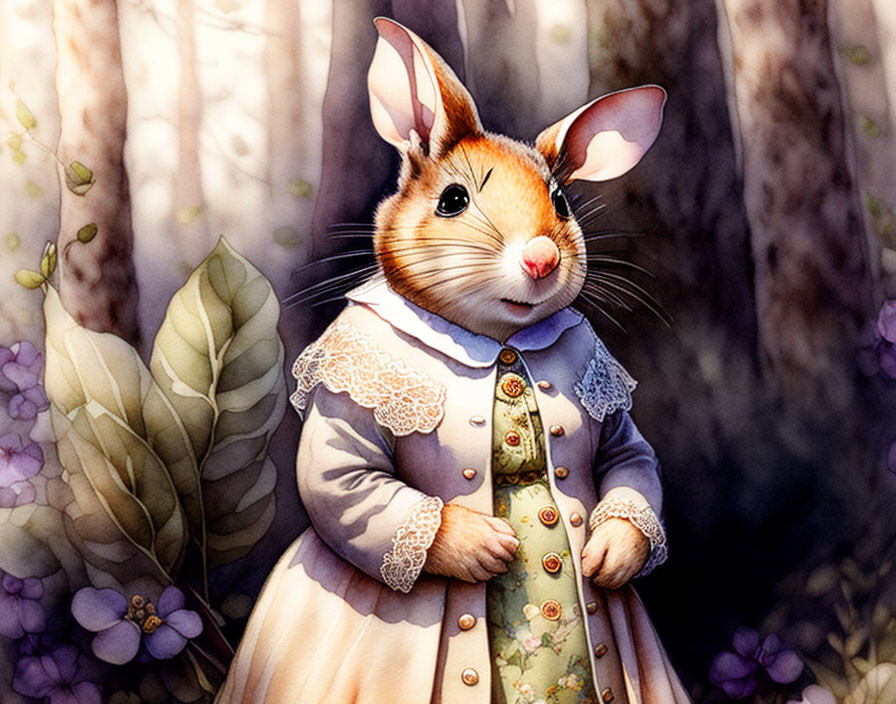 Victorian-style dressed anthropomorphic rabbit in sunlit woods