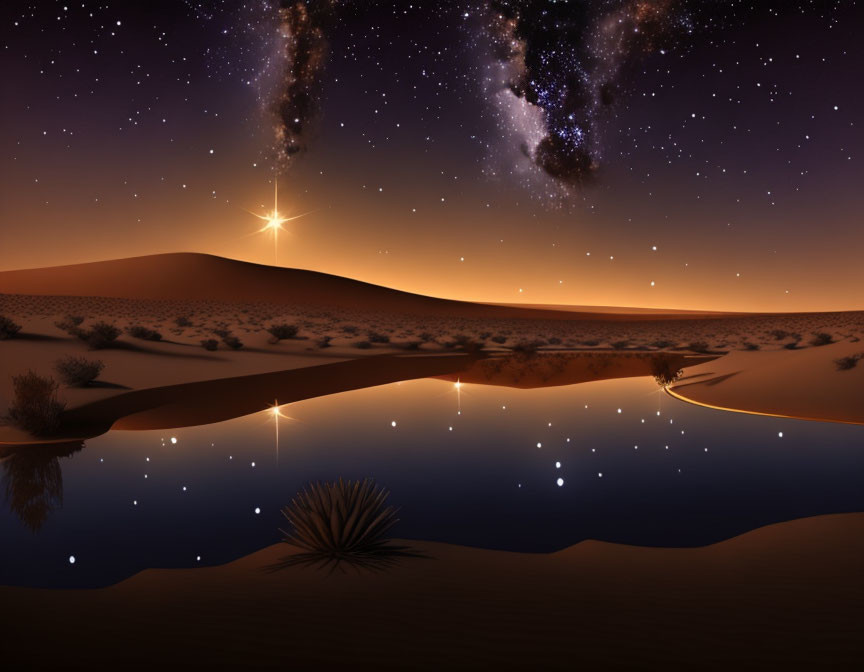 Starlit Sky and Milky Way Reflecting over Desert Oasis