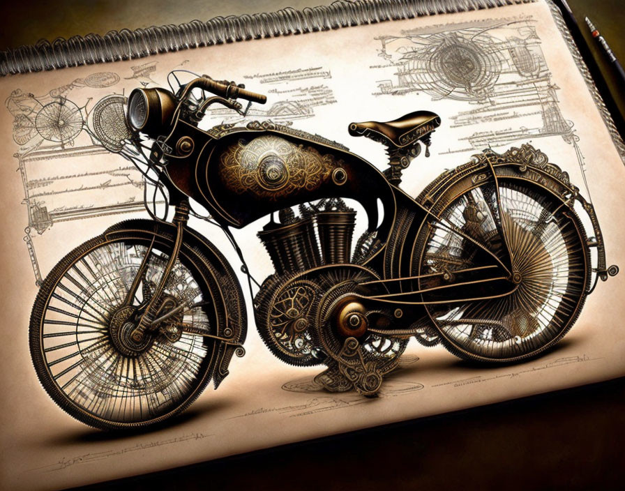 Vintage Motorcycle Artwork Featuring Intricate Designs on Mechanical Blueprints