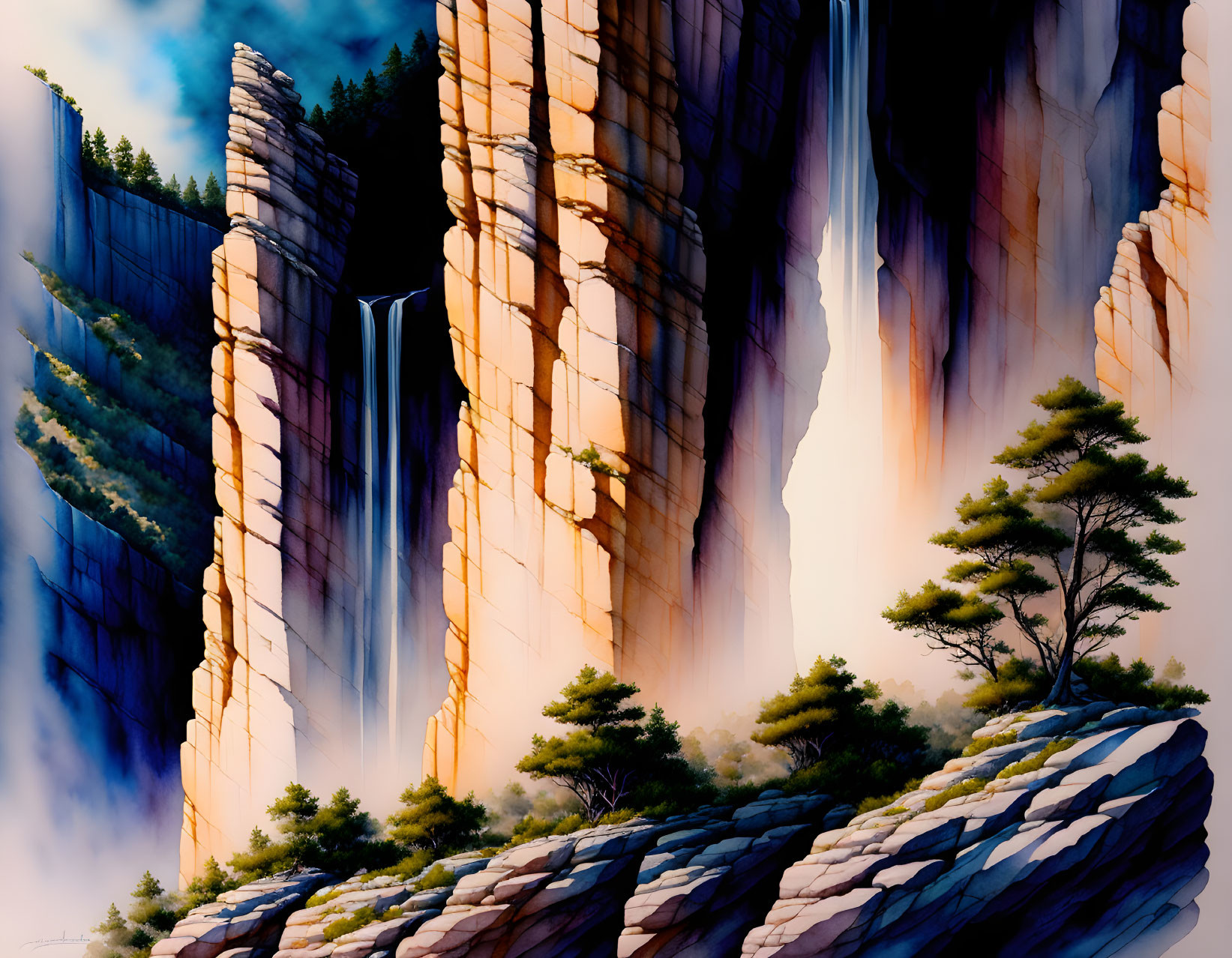 Majestic cliff waterfall surrounded by pine trees and mist