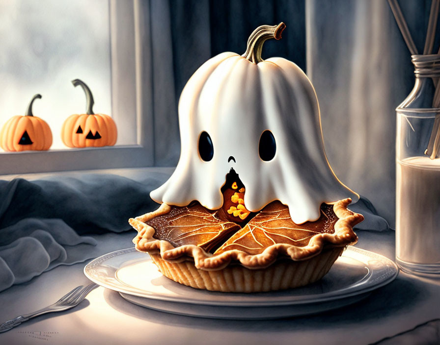 Ghostly Pumpkin Sheet Over Jack-o'-lantern Pie with Moonlit Pumpkins