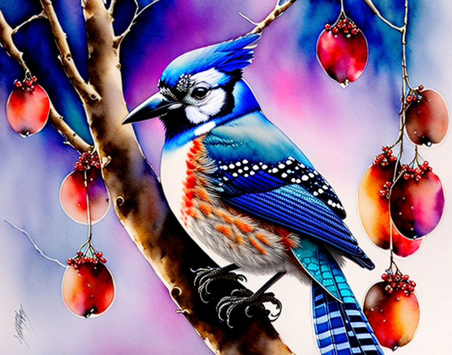 Colorful Blue Jay Illustration on Branch with Red Berries