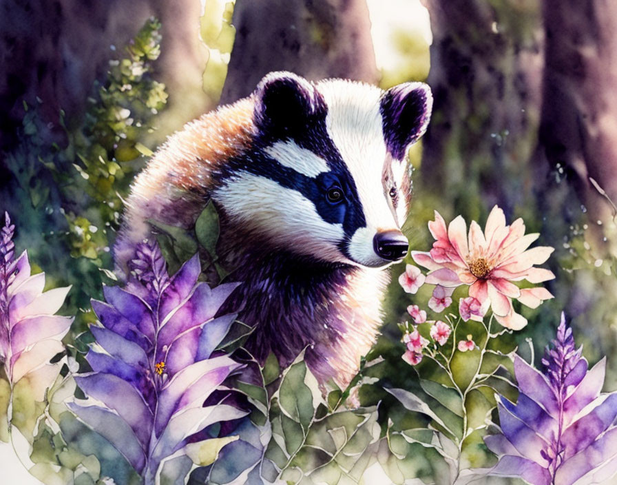 Detailed Watercolor Illustration: Badger in Vibrant Floral Setting