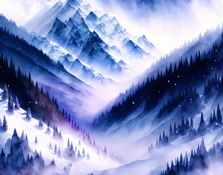 Snowy Mountain Landscape Illustration with Pine Trees and Falling Snowflakes