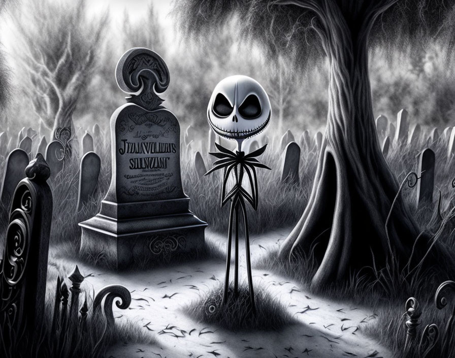 Monochrome image of Jack Skellington in cemetery with tombstones and bare trees