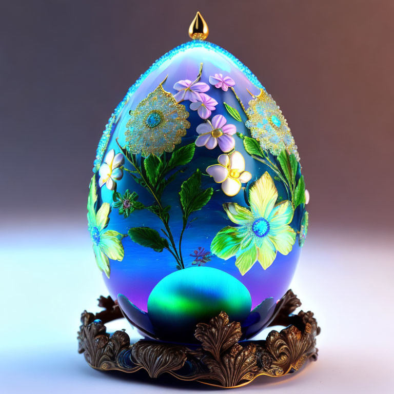 Intricate floral patterns on vibrant blue ornamental egg illuminated on metal stand