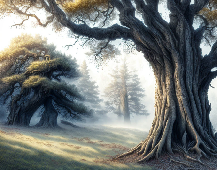 Majestic old trees in misty forest setting