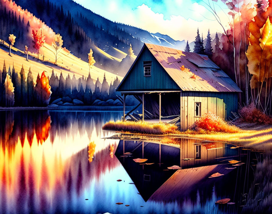 Tranquil blue cabin by reflective lake in autumn sunset