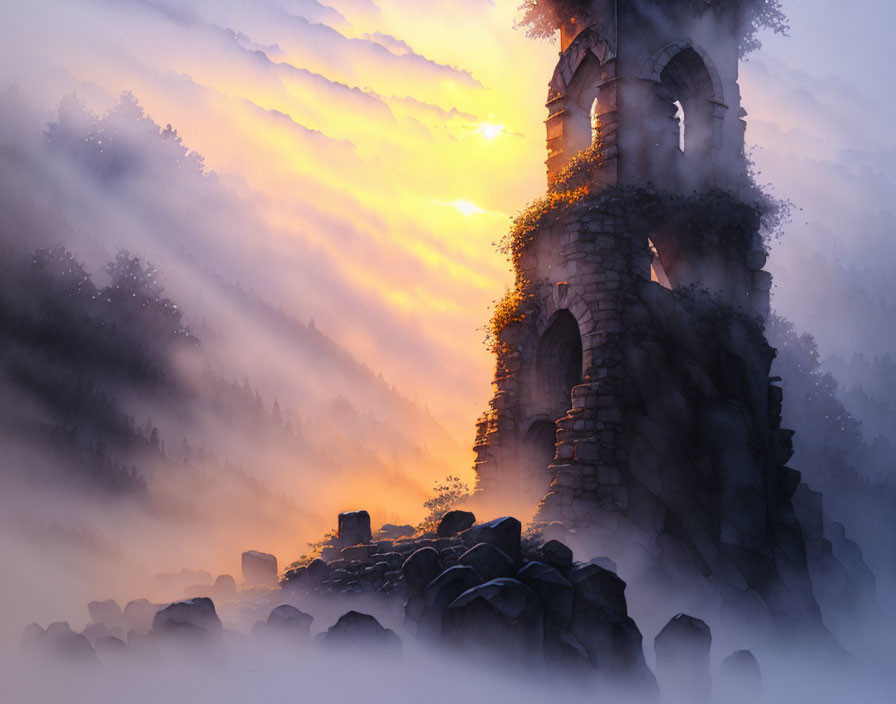 Stone tower in misty forest at sunrise with light beams