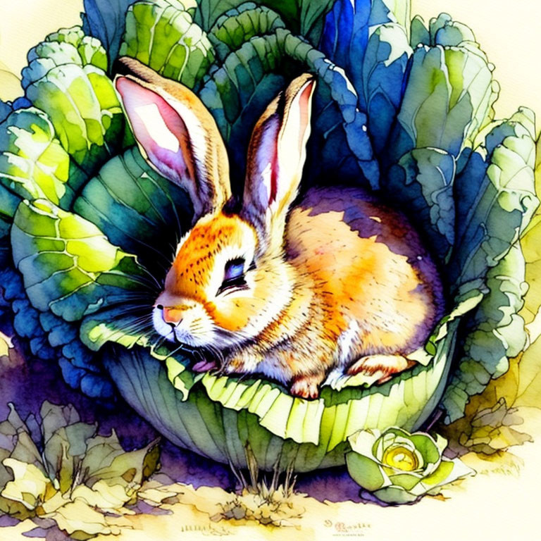 Brown rabbit in cabbage leaves watercolor illustration