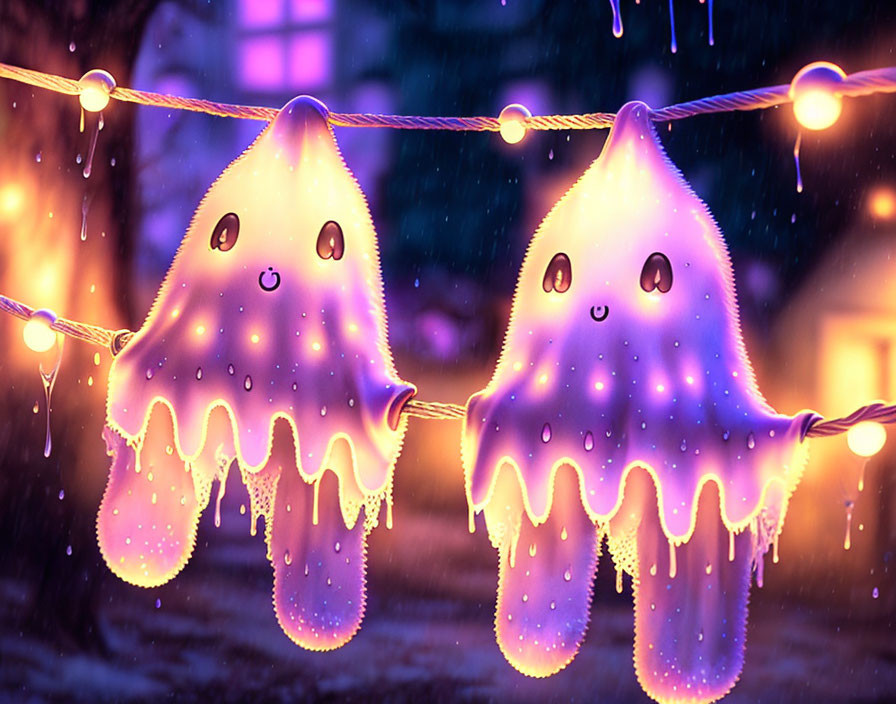 Animated ghost-like characters on light string in snowy scene