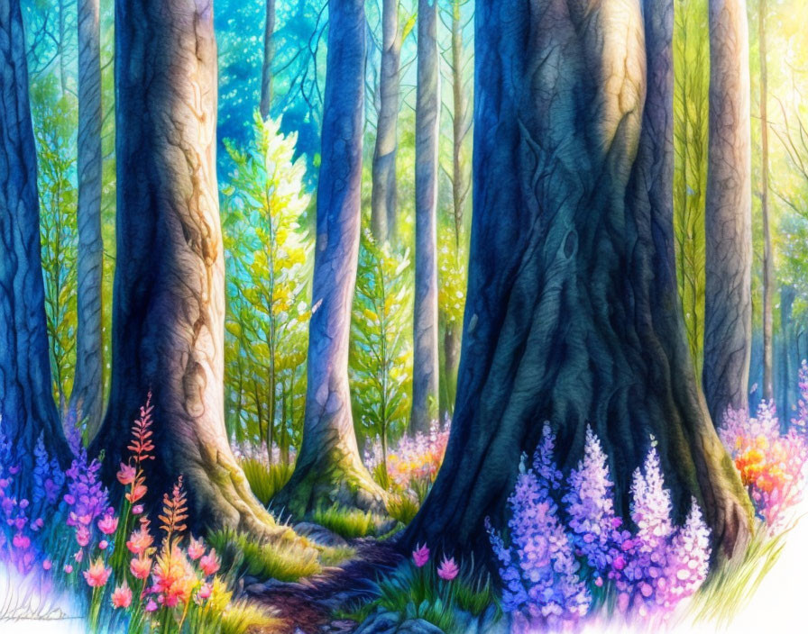 Vibrant Purple and Pink Flower Forest with Sunbeams and Tall Trees