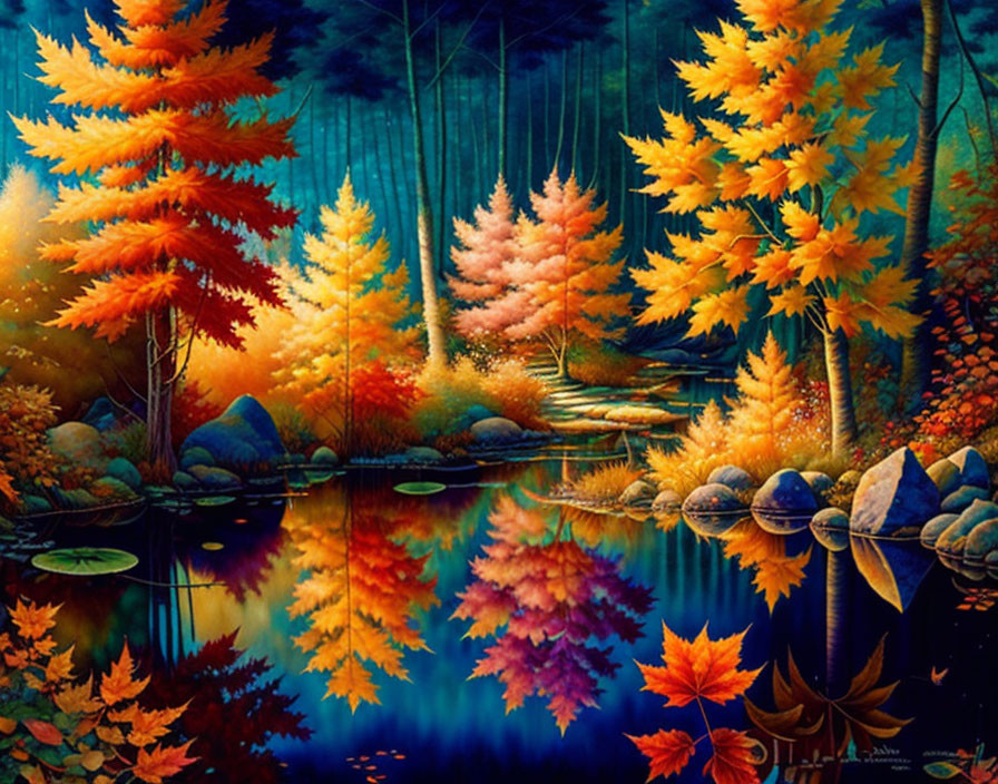 Colorful Autumn Forest Scene with Tranquil Pond and Fallen Leaves