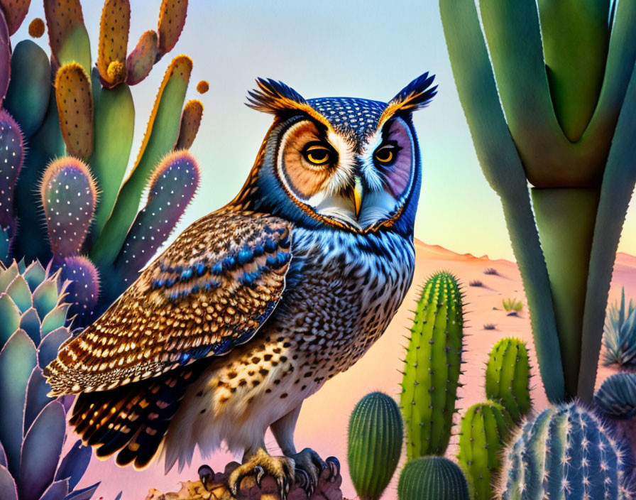 Colorful Owl Perched on Branch with Cacti and Warm Sky