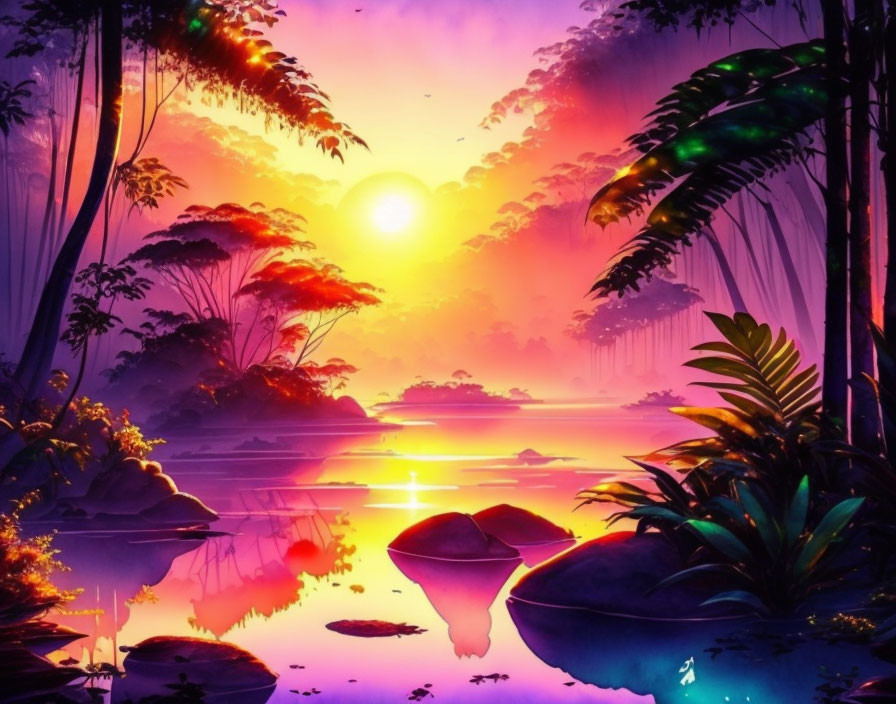 Vibrant digital artwork: Sunset over jungle river with purple and pink hues