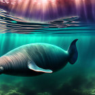 Blue whale swimming in serene underwater scene