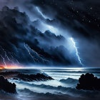 Dramatic Nocturnal Seascape with Lightning Strikes