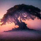 Twisted branches of solitary tree in misty sunset scene