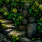 Overgrown stone staircase with green foliage and flowers