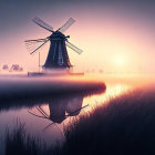 Tranquil sunrise scene with windmill silhouette and misty field.