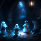 Cartoon ghosts holding hands in cobblestone alley with lanterns and magical light