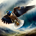 Majestic falcon flying over dramatic mountain landscape