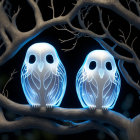 Glowing owl figures with intricate patterns in mystical setting