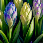 Purple and White Hyacinth Flowers with Green Leaves in Sunlight