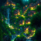 Enchanting night village scene with illuminated houses, forested hills, waterfalls, and starry