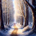 Snowy forest with winding path and light filtering through snow-covered trees.