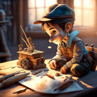 Young boy carving wood at table with warm light and crafting tools.