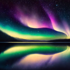 Vibrant purple and green aurora borealis over mirror-like lake at night