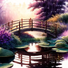 Tranquil nature illustration: Wooden bridge over pond at sunrise