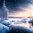 Snow-covered trees and lake in serene winter dusk