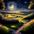 Whimsical night scene with crescent moon, stars, rolling hills, path, flowers