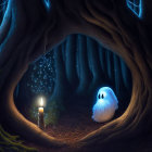 Illustration of small ghost near candle under glowing tree in starlit forest