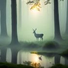 Deer by reflective pond in misty forest with sunbeams