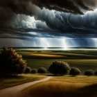 Thunderstorm landscape with lightning strikes over lush countryside