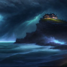 Cliffside house illuminated in stormy night with lightning and ocean waves