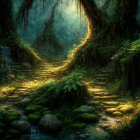 Mystical forest scene with sunlight, stone path, and lush greenery