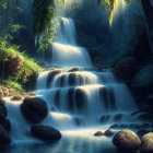 Tranquil jungle waterfalls with sunlight and mist