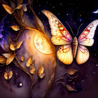 Fantasy illustration: Large ethereal butterflies with celestial motifs on tree branch.