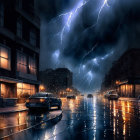 Cityscape with lightning bolts, stormy sky, wet streets, and night traffic.