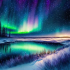 Starry night sky with northern lights over snow-covered forest & lake