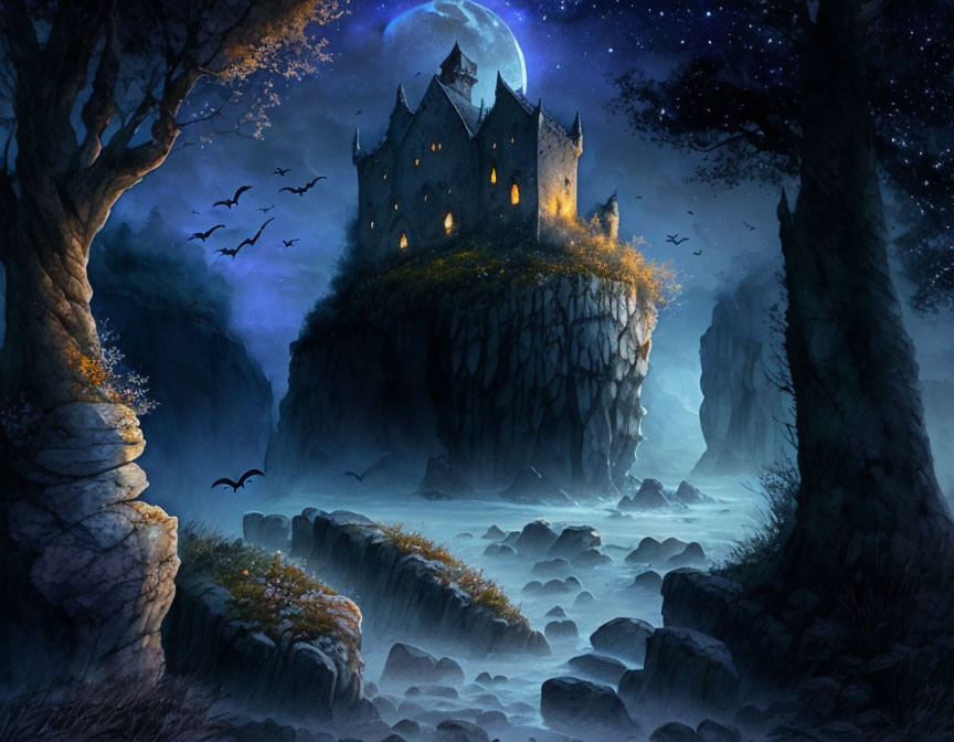 Moonlit castle on cliff with bats and misty sea below