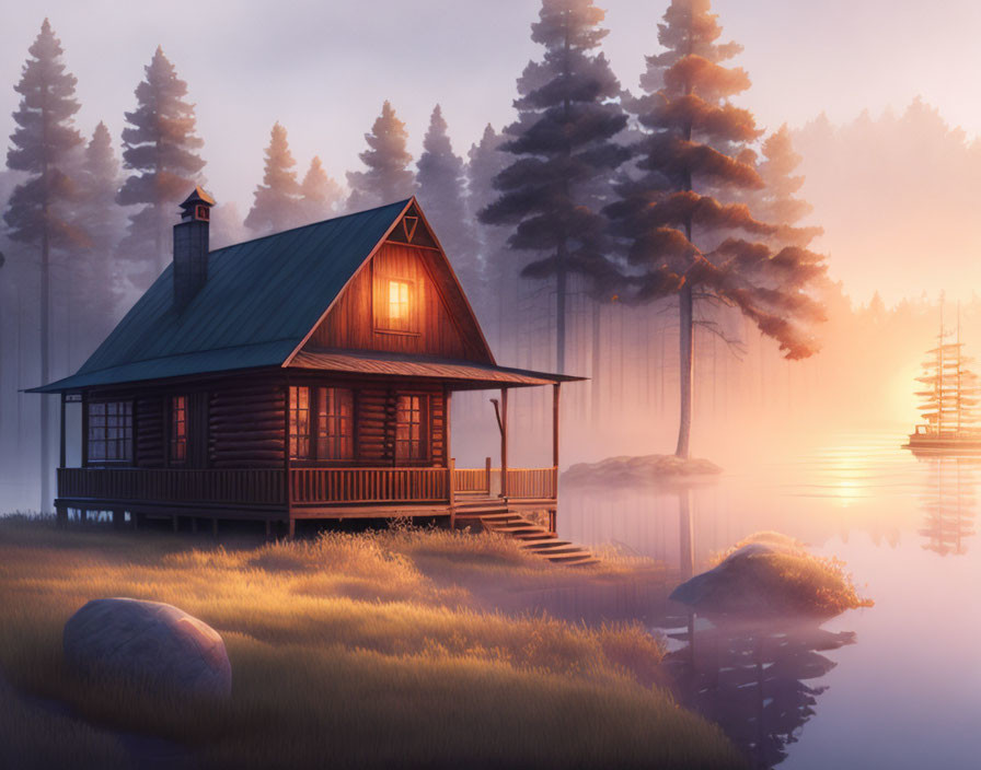 Tranquil twilight scene: cozy cabin, serene lake, misty pine trees