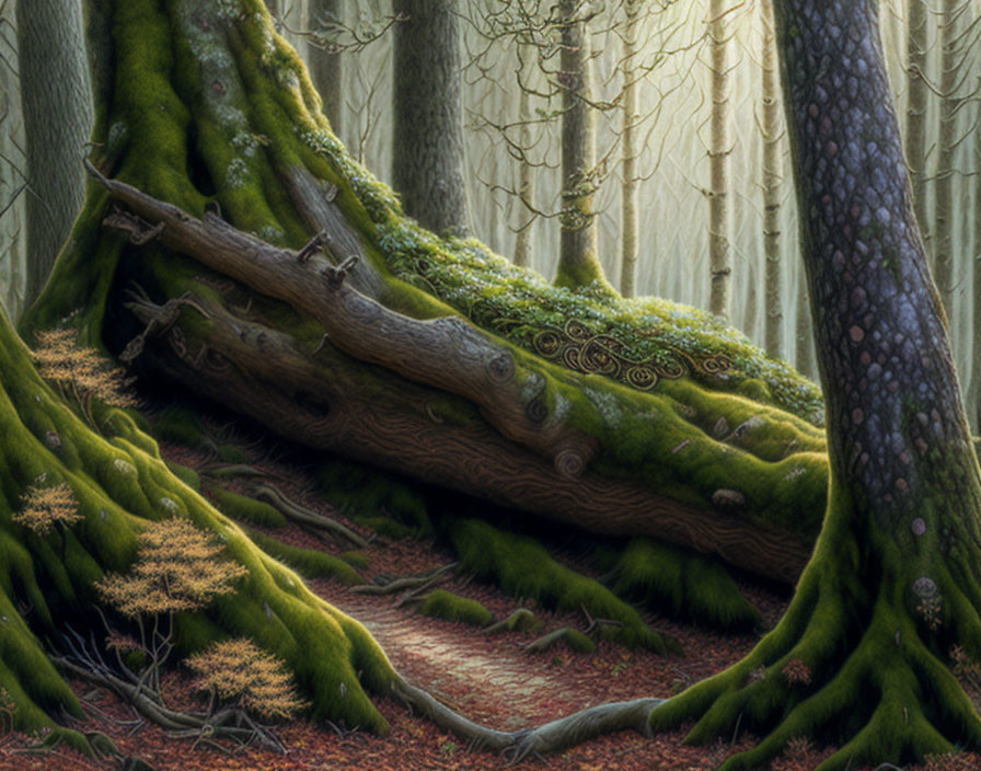 Enchanted forest with moss-covered trees and misty backdrop