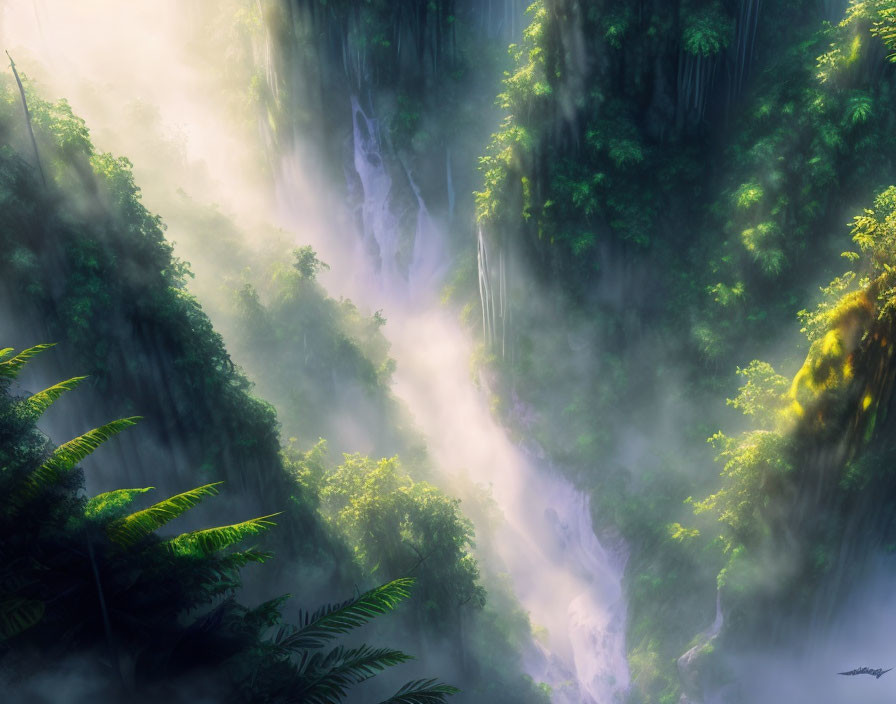 Misty forest with sunbeams, waterfalls, and dense foliage