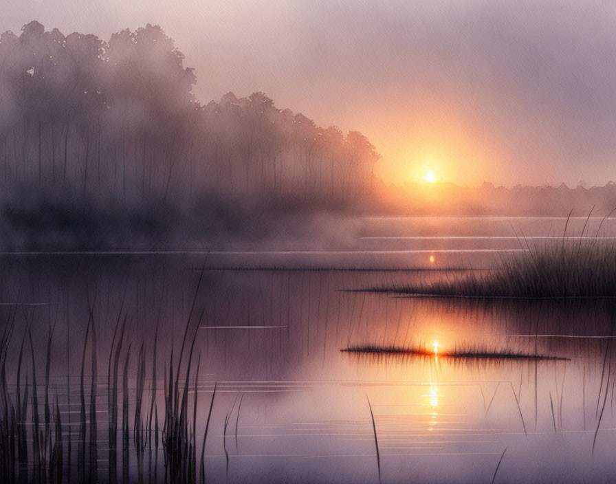 Tranquil sunrise over misty lake with reeds and forest silhouette